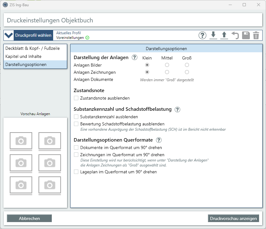 Voreinstellungen Objektbuch