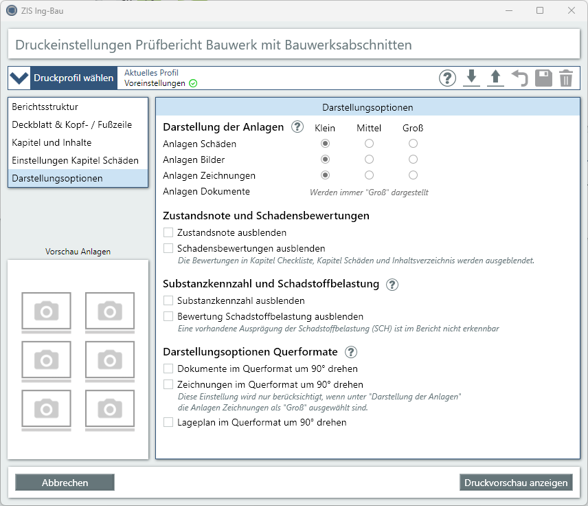 Voreinstellungen Prüf-/Zustandsbericht BW und BWA