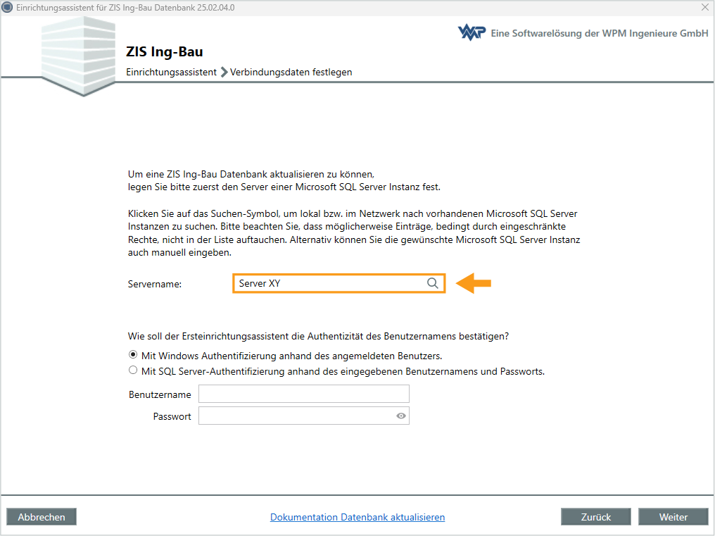 Datenbank aktualisieren - Verbindungsdaten