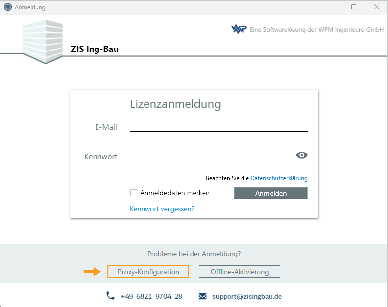 Fenster Anmeldung - Proxy Konfiguration öffnen