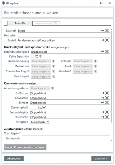 Fenster Baustoffe erfassen und zuweisen