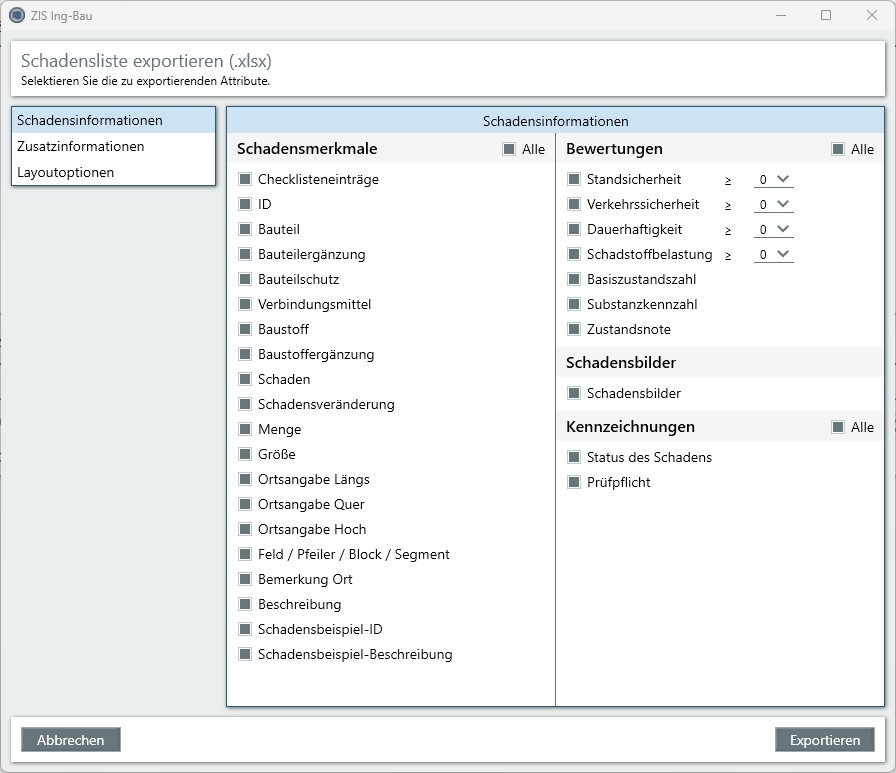 Schadensliste Schadensinformationen
