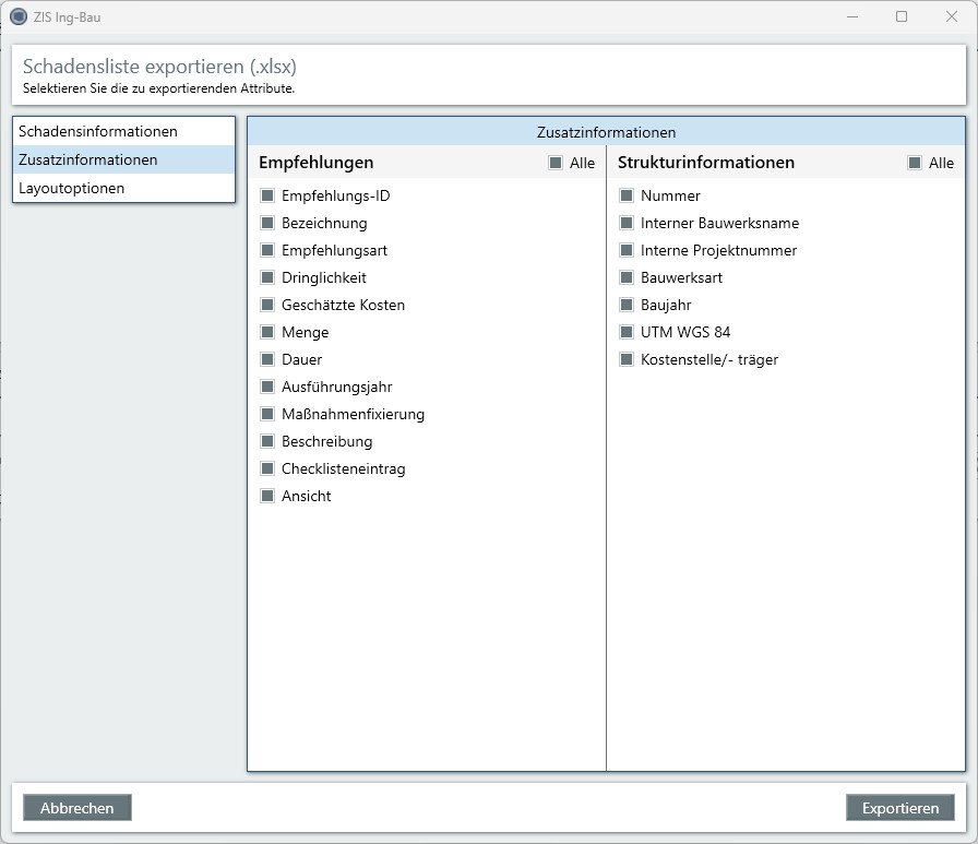 Schadensliste Zusatzinformationen