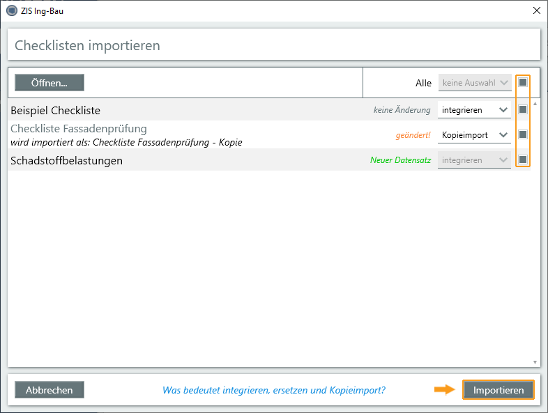 Checklisten Import Auswahl