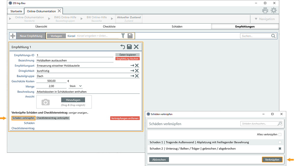 Empfehlung mit Schäden verknüpfen