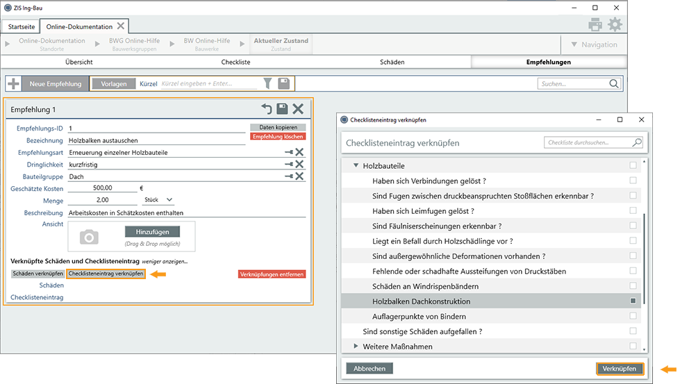 Empfehlung mit Checklisteneintrag verknüpfen