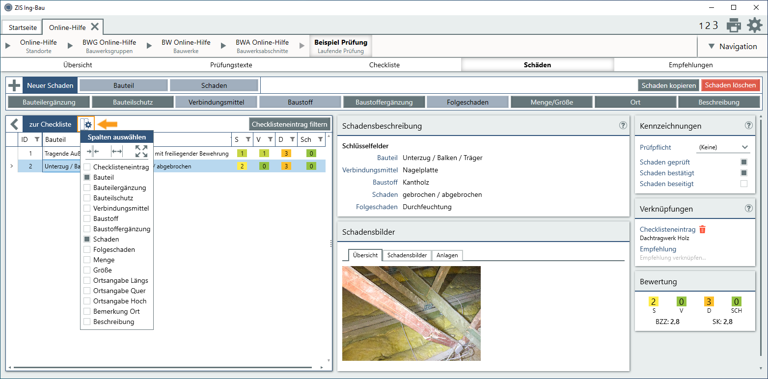 Spalten der Schadensliste anpassen