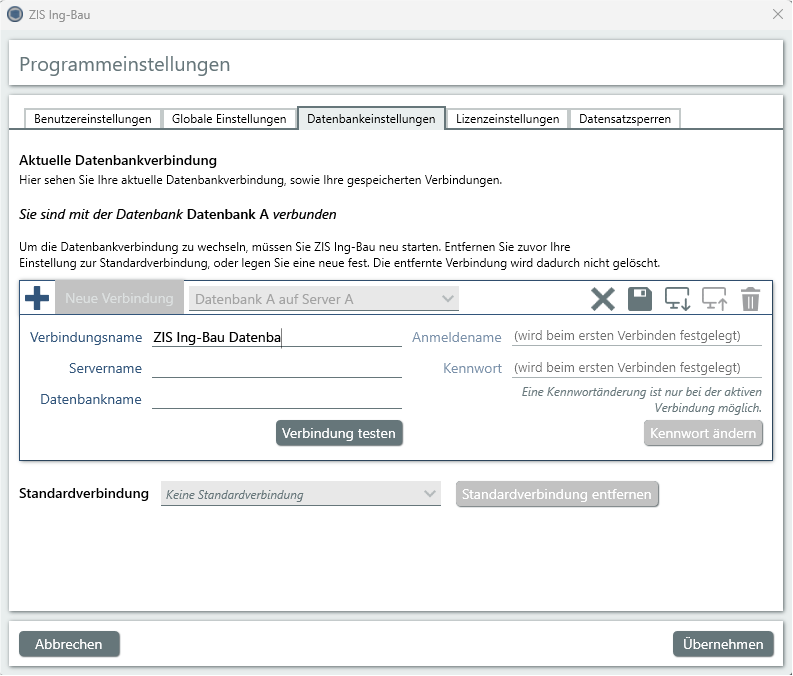 Datenbankeinstellungen - Neue Verbindung eintragen