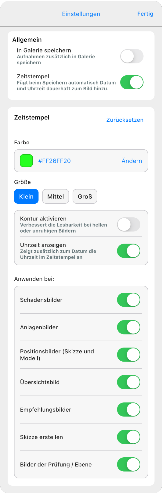 App Bildeinstellungen - Zeitstempel