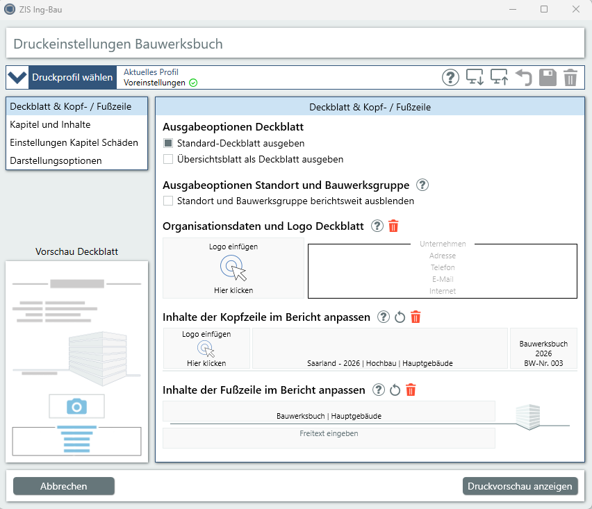 Bauwerksbuch - Deckblatt und Kopfzeile