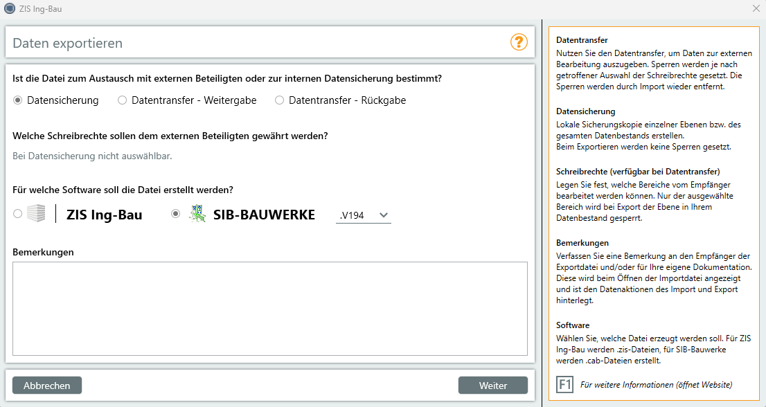 Exportfenster Auswahl SIB