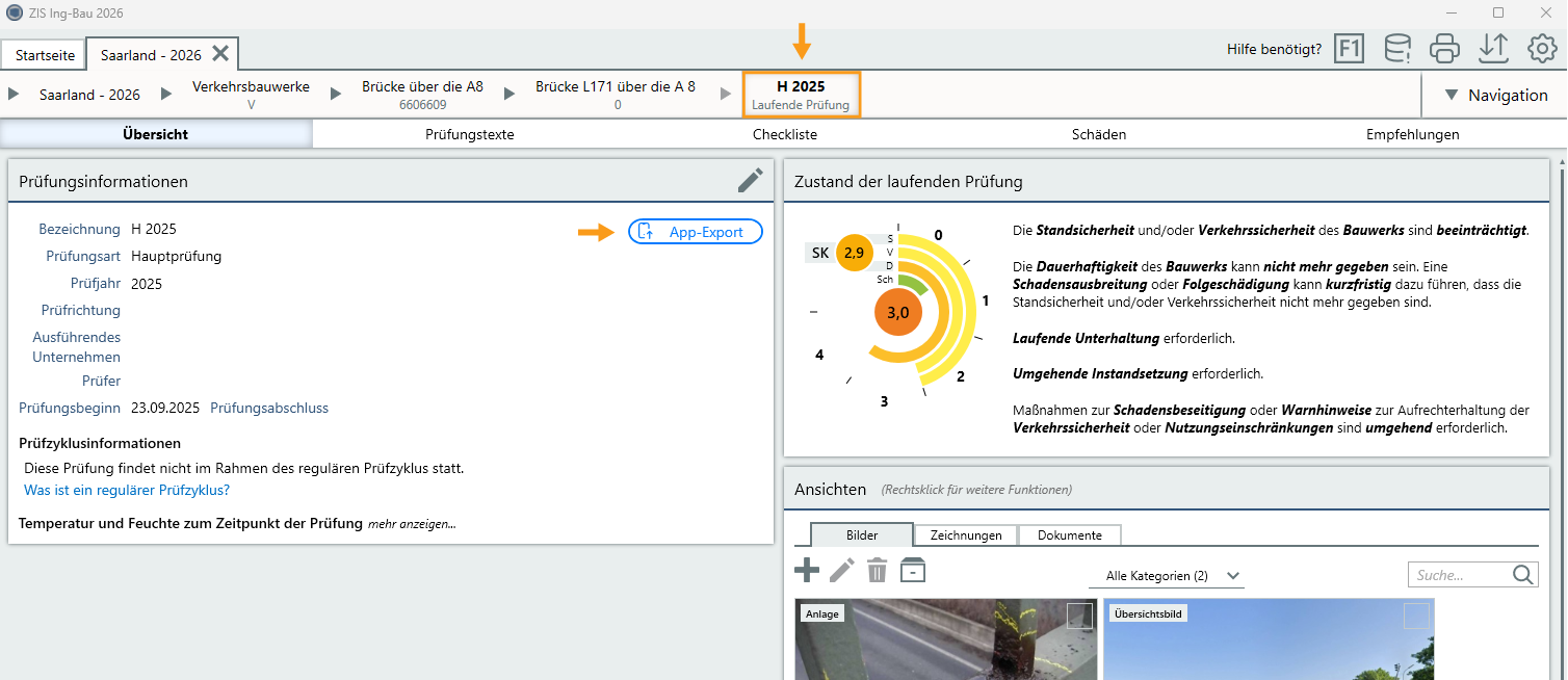 App Export in laufender Prüfung